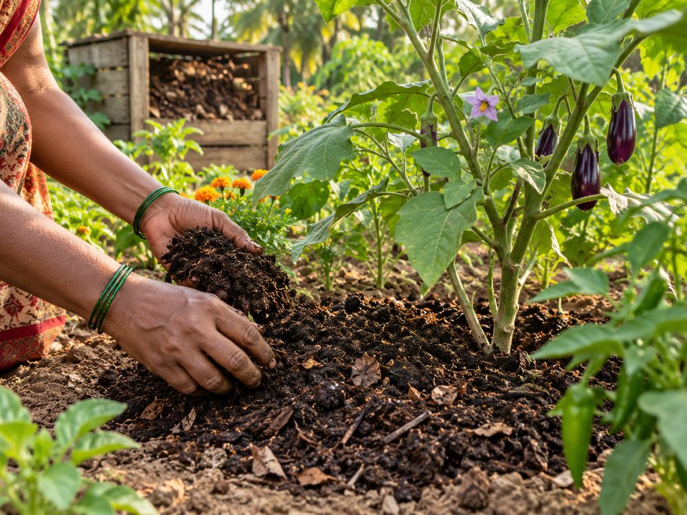 A handful of organic compost worked in around a brinjal plant