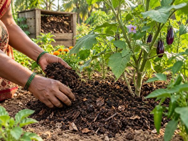 A handful of organic compost worked in around a brinjal plant