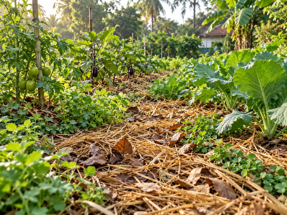 Vegetable beds kept covered with straw mulch and living groundcover