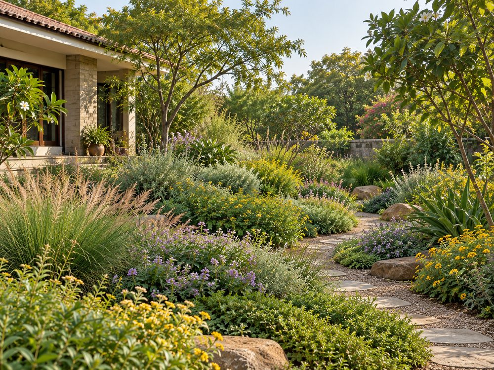 Front garden of grasses, groundcover and flowering perennials with a gravel path in place of lawn