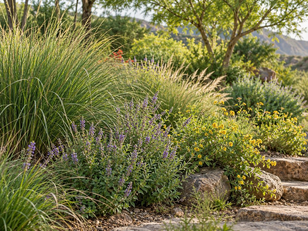 Dry-climate border of ornamental grasses, purple sage and yellow lantana among stone