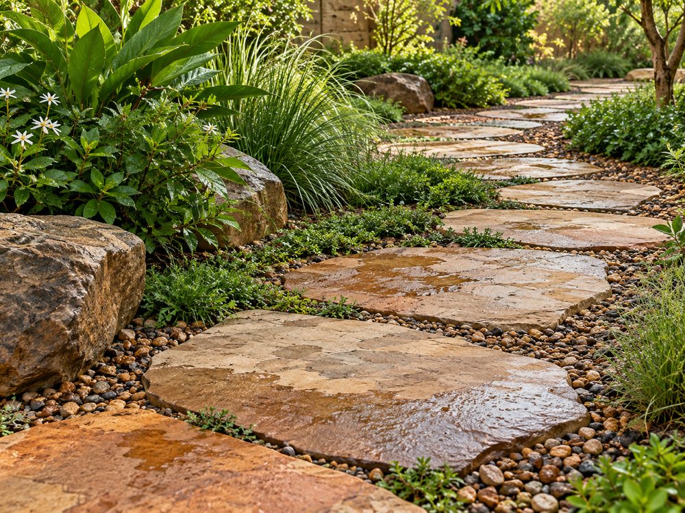 Stepping-stone path set in loose gravel so rain soaks through the joints