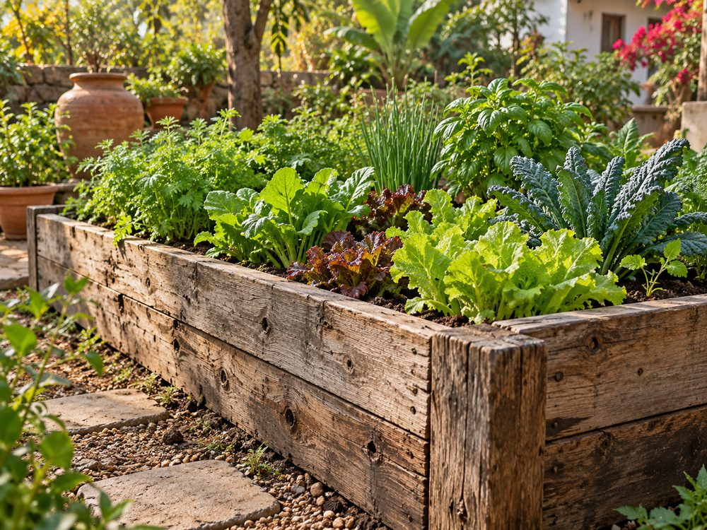 Raised vegetable bed built from weathered reclaimed timber, planted with lettuce, kale and herbs