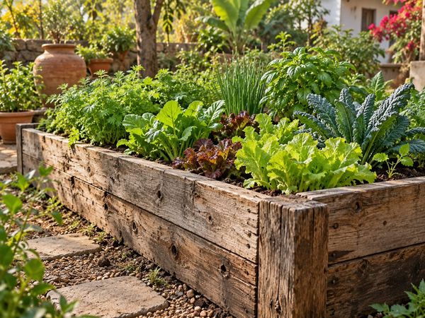 Raised vegetable bed built from weathered reclaimed timber, planted with lettuce, kale and herbs