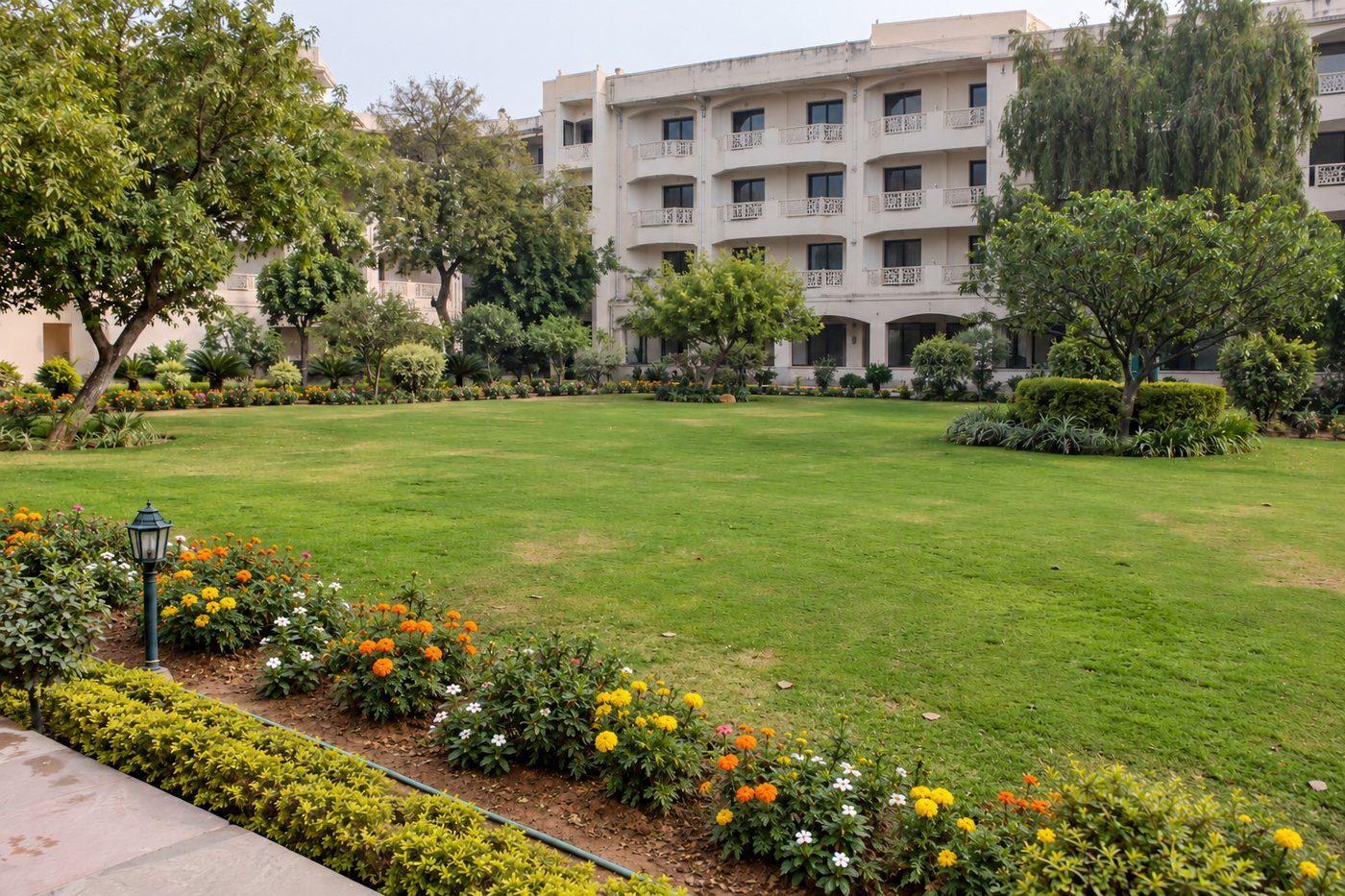 Resort lawn framed by a flowering border