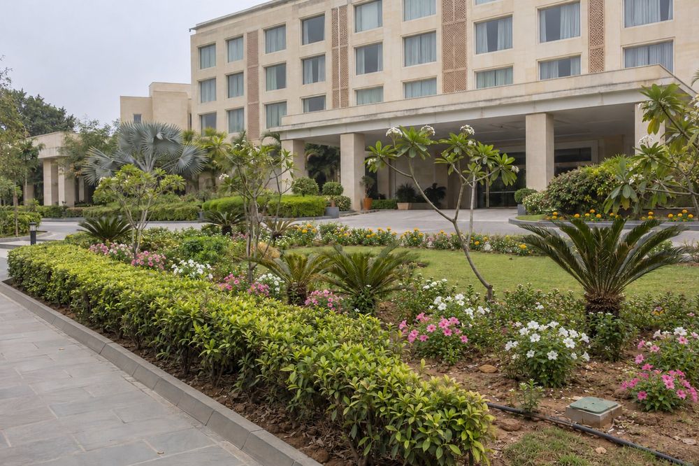 Clipped hedge and seasonal planting at a hotel arrival court