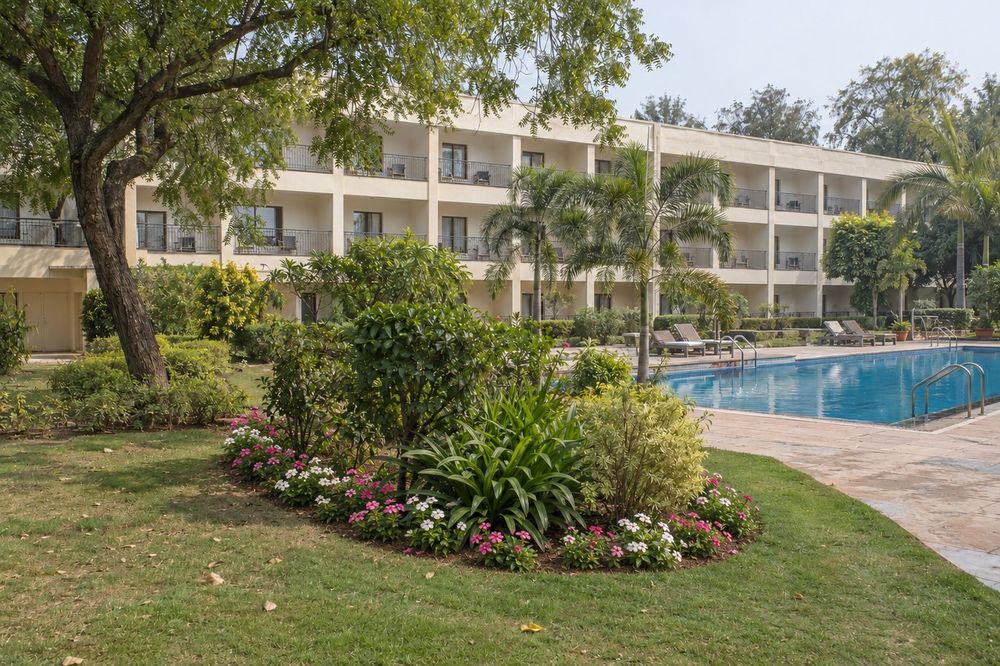 Poolside planting beds at a resort
