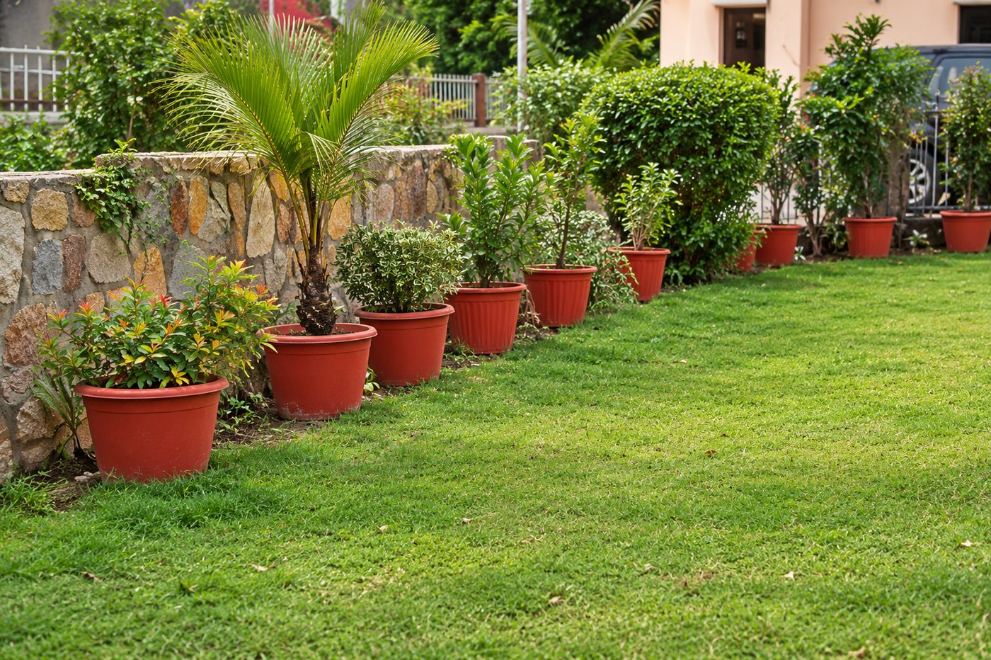 Inder Prakash · Udaipur — shrub border against the stone wall