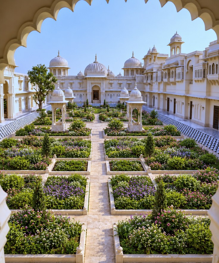 Precedent study: Palace courtyard · flower parterres on a marble axis