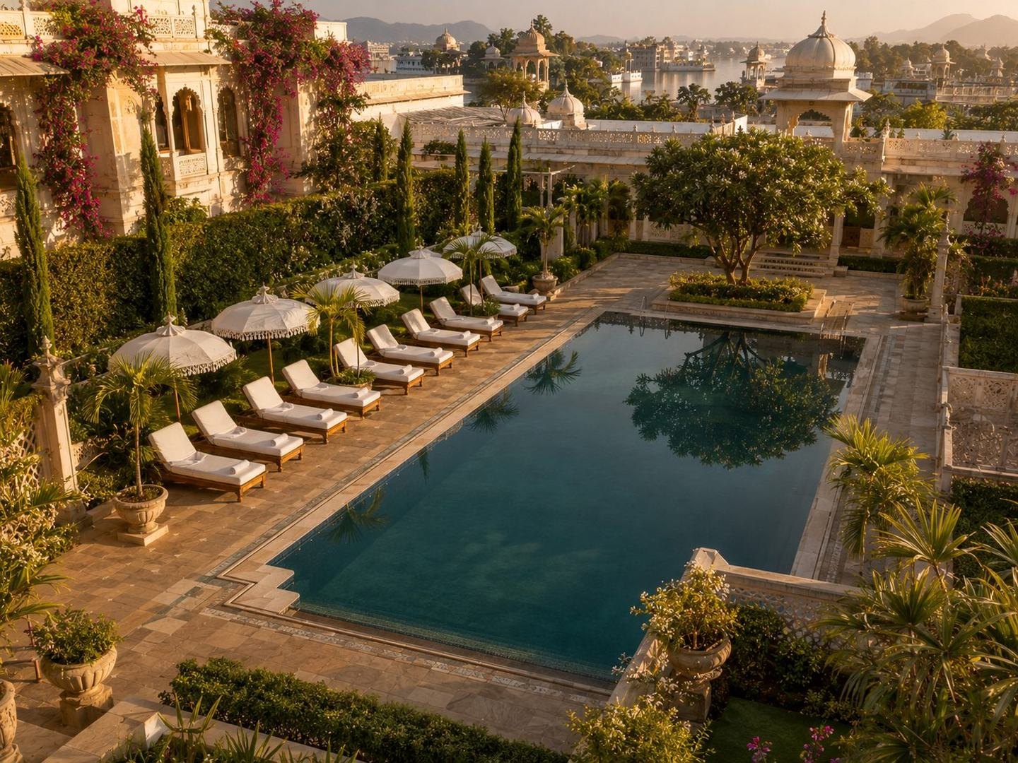 Landscaped hotel garden with a pool, clipped hedges, shade trees and paved walkways