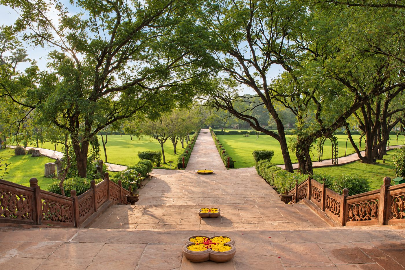 Raj Niwas · Dholpur — clipped hedging on the entrance avenue