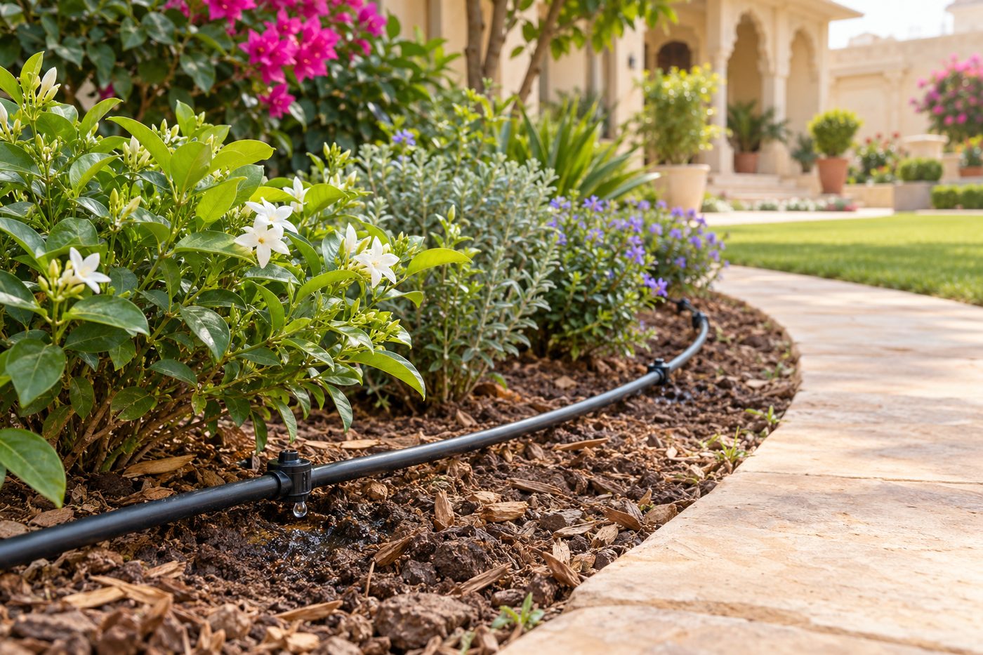 Drip irrigation line running along a mulched planting bed