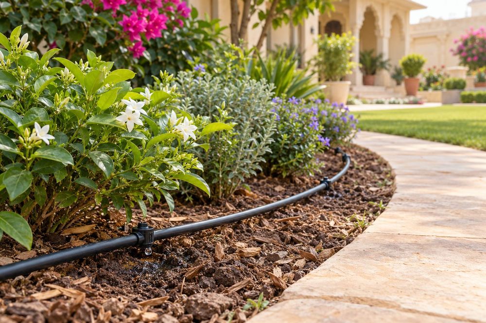Drip irrigation lines running through a planted bed