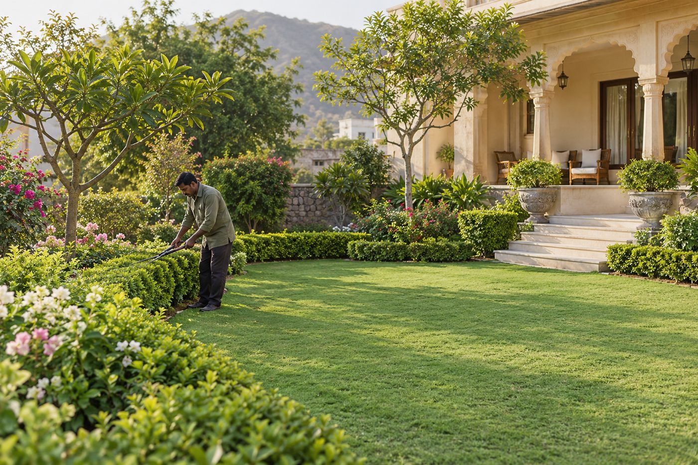 Estate lawn and clipped hedging kept under a monthly maintenance contract