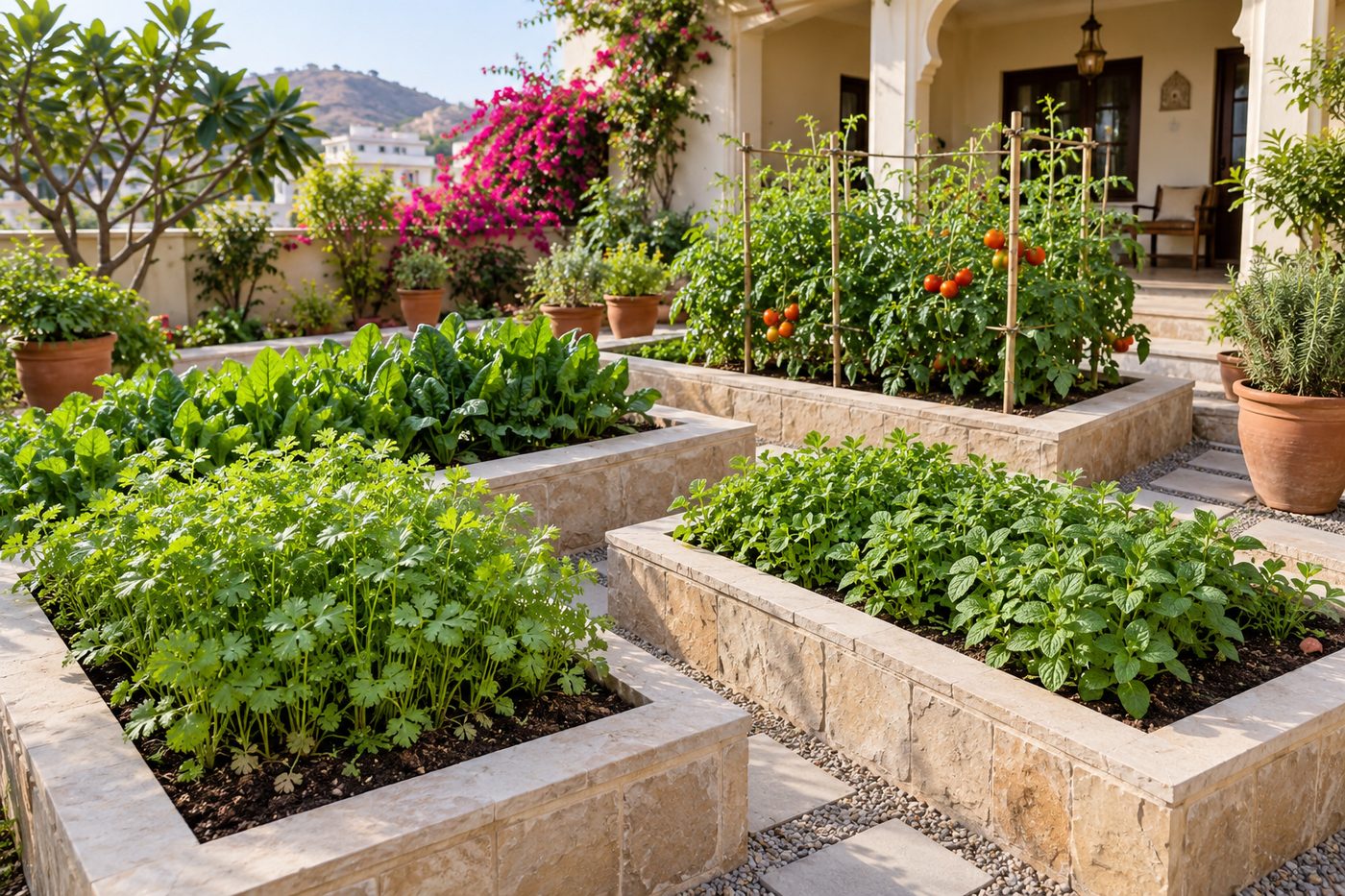 Raised kitchen-garden beds with herbs, salad leaves and tomatoes