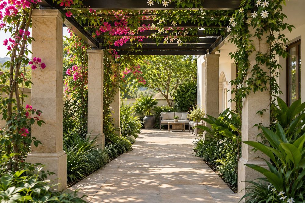 Pergola dressed in flowering climbers