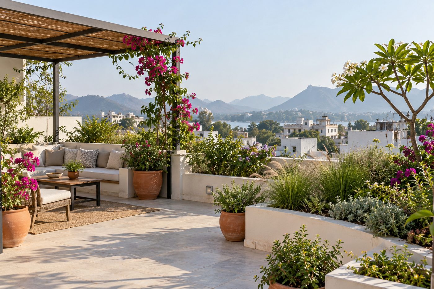 Terrace garden planted in lightweight soil, with pergola and potted trees