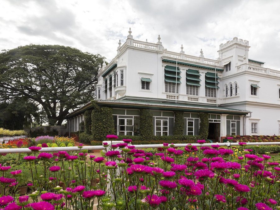 Flower parterre beside a clipped lawn